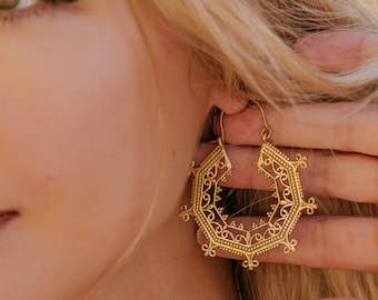 Handmade Ethnic Brass Hoop Earrings | Silvered or Golden