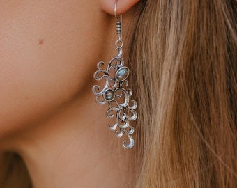 Scrolls Decorated Openworked Dangle Earrings With Gemstones || Oriental Brass Earrings With Natural Stones ||  Bohemian Swirls Earrings