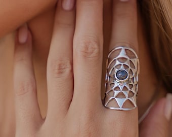 Long Boho Ethnic Adjustable Ring | Silver Tone Brass Statement Ring with Natural Gemstone