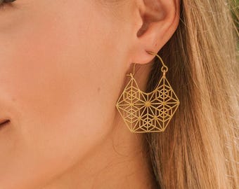 Geometric Brass Hoop Earrings | Sacred Geometry Earrings | Boho Ethnic Statement Jewelry | Hexagonal Handmade Brass Earrings