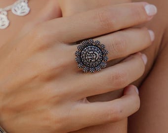 Chunky Oxidyzed Ethnic Ganesh Ring || Large Bohemian Round Antique Finished Silvered Ring ||  Tribal Adjustable Mandala Ring
