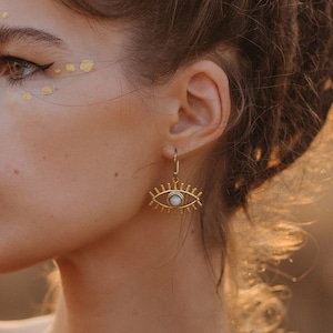 Golden Dangling  Eyes Earrings with Semi Precious Stones || Brass Turkish Eye Earrings with Natural Stone || Protective Boho Brass Earrings