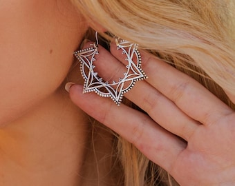 Hoop Earrings Decorated with Spikes || Original Shape Ethnic Hoops || Openwork Oriental Earrings