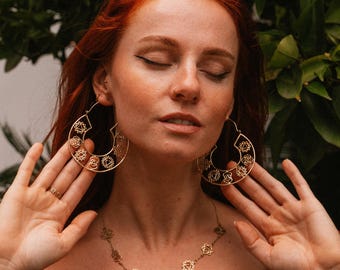 Oversized 7 Chakras  Hoops || Brass Yogini Hoop Earrings Adorn With Chakra Symbol || Large Bohemian Hoop Earrings || Spiritual Jewelry