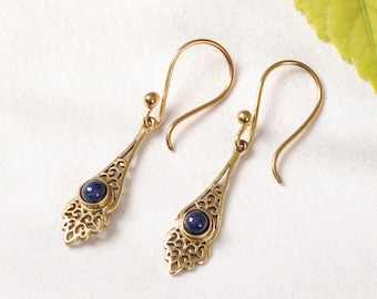Golden Tone Teardrop Earrings | Ornate Lace Brass Earrings | Bohemian Dangle Earrings