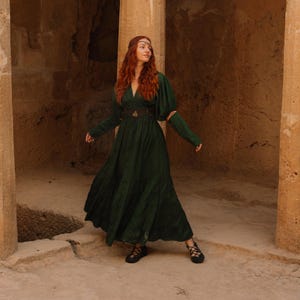 Long Green  Color Medieval Dress With Ruffles || Cotton Princess Dress Adorn With Golden Lace || Fitted Dress With Buttoned Puffed Sleeves