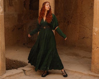 Long Green  Color Medieval Dress With Ruffles || Cotton Princess Dress Adorn With Golden Lace || Fitted Dress With Buttoned Puffed Sleeves