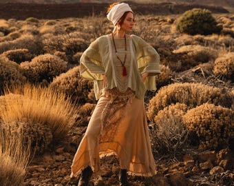 Hand Printed  Beige Bohemian Skirt || Raw Cotton Asymmetrical Gypsy Skirt