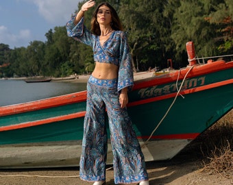 Bohemian Fitted Wide Pants || Paisley Print Flared Pants || Fluid  Low Waist Pants