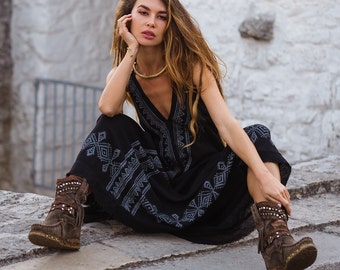 Bare Back Raw Cotton Dress || Free Size Natural Material  Dress || Bohemian Vegetable Dye Dress || Block Print Black Backless Dress