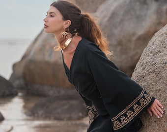 Black Bohemian  Wrap Top || Flared Sleeves Raw Cotton Top || Black Vegetable Dye Top ||  Block Print Wrap Top || Handmade Top