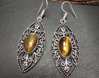 Silvered Color Brass Drop Earrings || Ethnic Gemtones Earrings || Boho Dangle Earrings