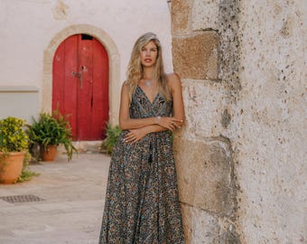 Strappy Bohemian Dress || Floral Print Long Dress || Open Back Fluid Dress || Lightweight Summer Dress  || Chic Ethnic Dress