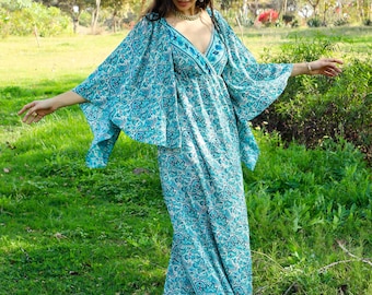 Shades of Blue Bohemian  Long Butterfly Sleeves Maxi Dress || Low Back Paisley Print Maxi Dress || V Neckline Polyester Dress