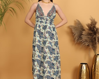 Boho Paisley Maxi Dress | V Neck, Gold Accent Print, Flowy Polyester Sundress