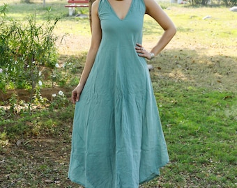 Plain Sage Raw Cotton Goddess Dress || Woven Belt Tie-Back Dress ||  Earthly  Boho Vegetable Dye Dress