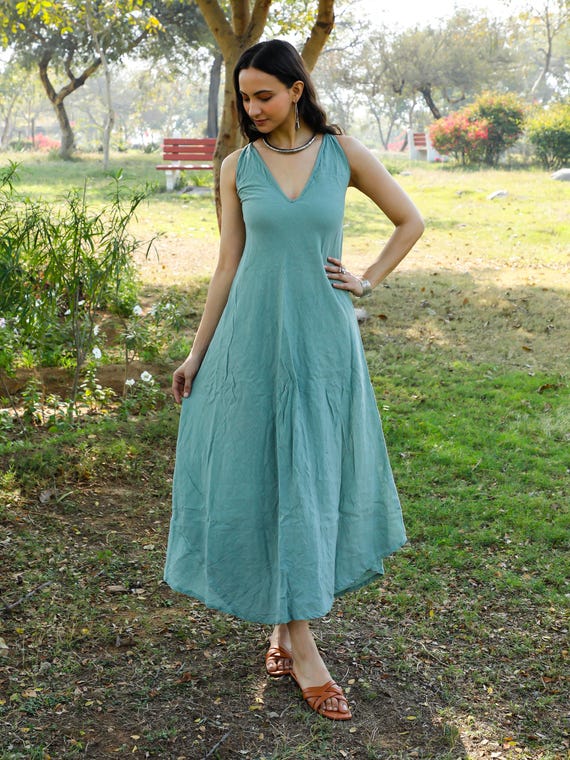 Handmade Sage Raw Cotton Dress: Woven Belt Boho Tie-Back