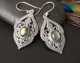 Silver Dangling Earrings With Semi Precious Stones || Bohemian Chic Ethnic Gemstone Earrings || Medieval  Drop Earring with Gem Stone