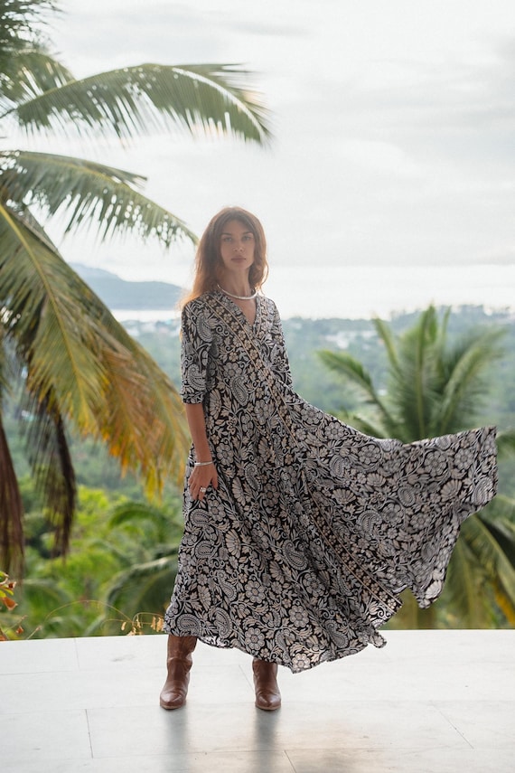 Boho Floral Print Wrap Dress: Black White Polyester Maxi With