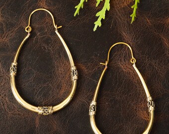 Large Brass Drop Shape Hoop Earrings || Statement Hoop Earrings with Ethnic Flair || Intricate Tribal Pattern Hoop Earrings