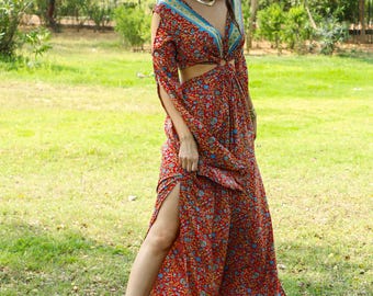 Long Sleeves Dress With Ring on the Front and Opening Above The Hips || Polyester Dress with Sides Slit || Long Dress  To Tie in the Back