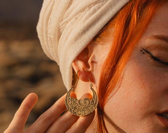 Ethnic Earrings Decorated With Spiral Patterns || Women's Bohemian Hoop Earrings || Engraved Tribal Patterns Hoops