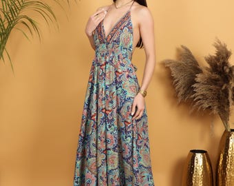 Boho Paisley Maxi Dress | Halter Neck, Backless, Flowy Polyester Summer Outfit