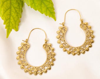 Boho Ivy Vine Hoop Earrings | Open Crescent Brass Hoops | Celtic Leaf Earrings | Tribal Dangle Jewelry