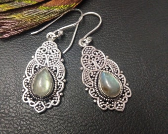 Silver Color Dangling Earrings With Stones ||  Gemstones Ethnic Earrings || Bohemian Chic Earrings