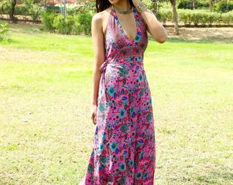 Long Backless Pink Summer Boho Dress || Free Size Polyester Fluid Wrap Dress  || Floral Print Backless Dress