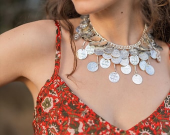 Ethnic Silvered Coin Necklace, Oriental Necklace Decorated With Coins, Bohemian Afghan Style Necklace, Gypsy Bib Necklace