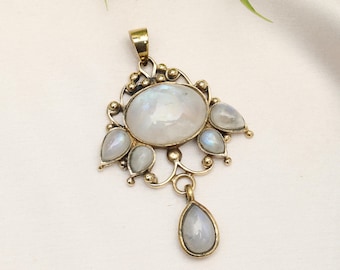 Boho Gemstone Pendant Necklace | Vintage Brass Jewelry | Ethnic Statement Pendant | Nomadic Tribal Necklace | Minimalist Bohemian Style