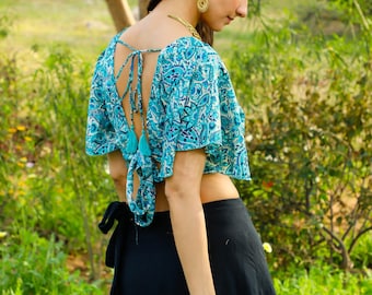 Bohemian Chic Open Back Top Blue And Beige || Butterfly Sleeves Open Back Crop Top || Paisley Print Ethnic Crop Top