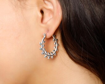Leafs Decorated  Minimalist Hoop Earrings || Mother Nature Inspired Ethnic Hoops || Vegetal Pattern Boho Brass Earrings