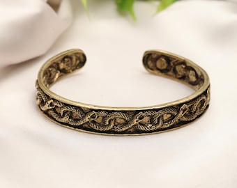 Brass Snake Cuff Bracelet | Vintage Style Serpent Bracelet | Adjustable Open End Cuff | Unisex Norse Mythology Inspired Jewelry