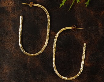 Hammered Hoop Earrings || Elongated Elaborate Hoops || Oblong Original Shape Earrings