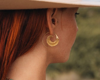 Leaf Spiral Earrings || Botanic Ethnic Earrings || Vegetal Spiral Hoops || Tribal Earrings