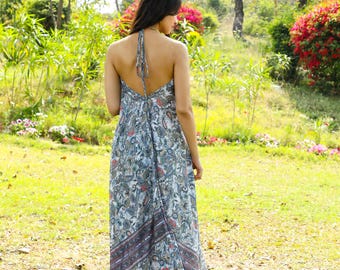 Grey Bohemian Long Floral Print Halter Dress || Colorful Polyester Backless Summer Maxi  Dress || V Neckline Lightweight Free size Dress