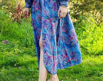 Bohemian Polyester Open Front Skirt || Free Size  Elasticated Belt Paisley Print Petticoat || Blue Long Summer Skirt