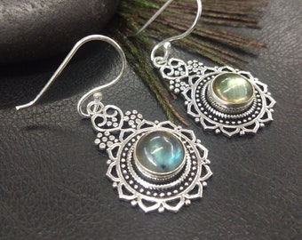 Silvered Dangling Earrings With Semi Precious Stones || Bohemian Chic Ethnic Gemstone Earrings || Medieval  Drop Earring with Gem Stone