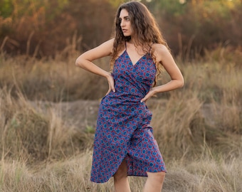 Geometrical Print Short Wrap Dress ||  Midi African Printed Cotton Dress ||  Mid Length Dress With Adjustable Straps