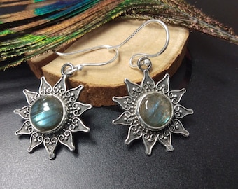 Silver Color Brass Dangling Earrings With Labradorite|| Ethnic Real Stones Earrings || Mandala Gemstone Earrings