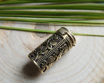 Amulet Box Pendant With Floral Ethnic Motifs || Engraved Cylindrical Openable Locket || Brass Secret Pill Box Pendant