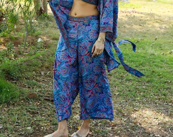 Blue Bohemian Polyester Printed Flair Trousers ||  Free Size Palazzo Pants || Wide Leg Lounge Pants