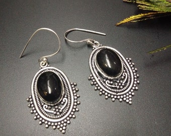 Silver Color Ethnic Dangling Earrings With Black Obsidian || Boho Fine Stones Earrings