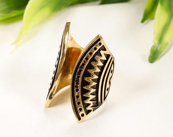 Brass Ethnic Ring Decorated with Tribal Patterns || Large Boho Open Ring Engraved With Geometrical Motifs
