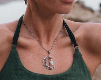 Moon Crescent Pendant with Vial Filled with Sequins of Semi-Precious Stones || Wiccan Amulet Pendant || Diviner's Talisman Pendant