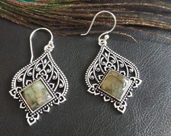 Natural Stones Ethnic Earrings || Silver  Color Dangle Earrings with Gemstones ||  Bohemian  Brass Jewelry || Ethnic Gem Jewelry