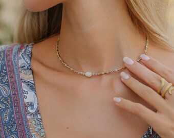 Golden Brass Bead Necklace with Semi Precious Stone Beads || Faceted Gem Stones Necklace || Adjustable Thin Gemstone Necklace