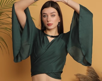 Emerald Green Wrap Blouse | Boho Bell Sleeve Top | Viscose Cropped Shirt | Flowing Statement Sleeves